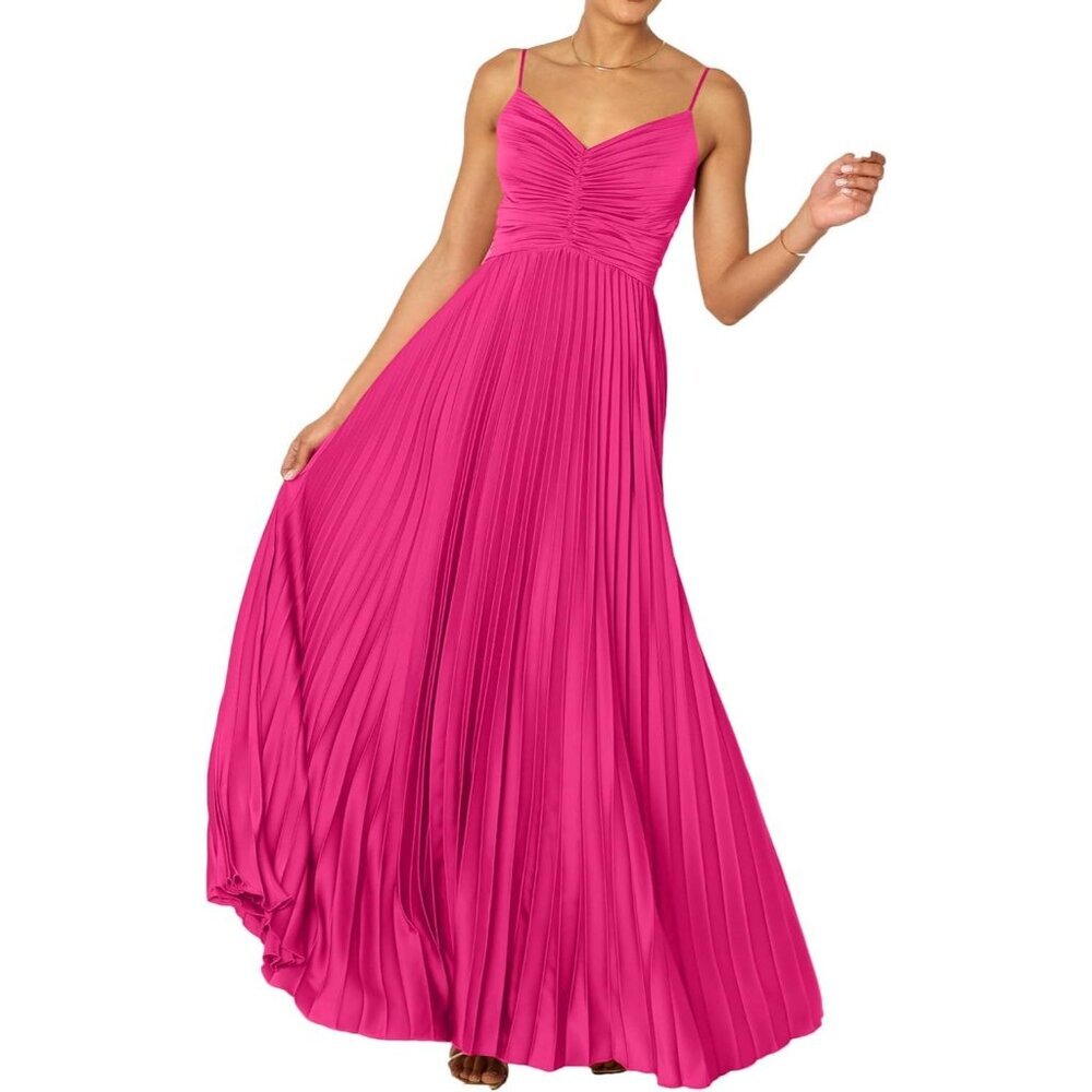 Women's Hot Pink Polyester Pleated Adjustable Spaghetti Strap Maxi Dress